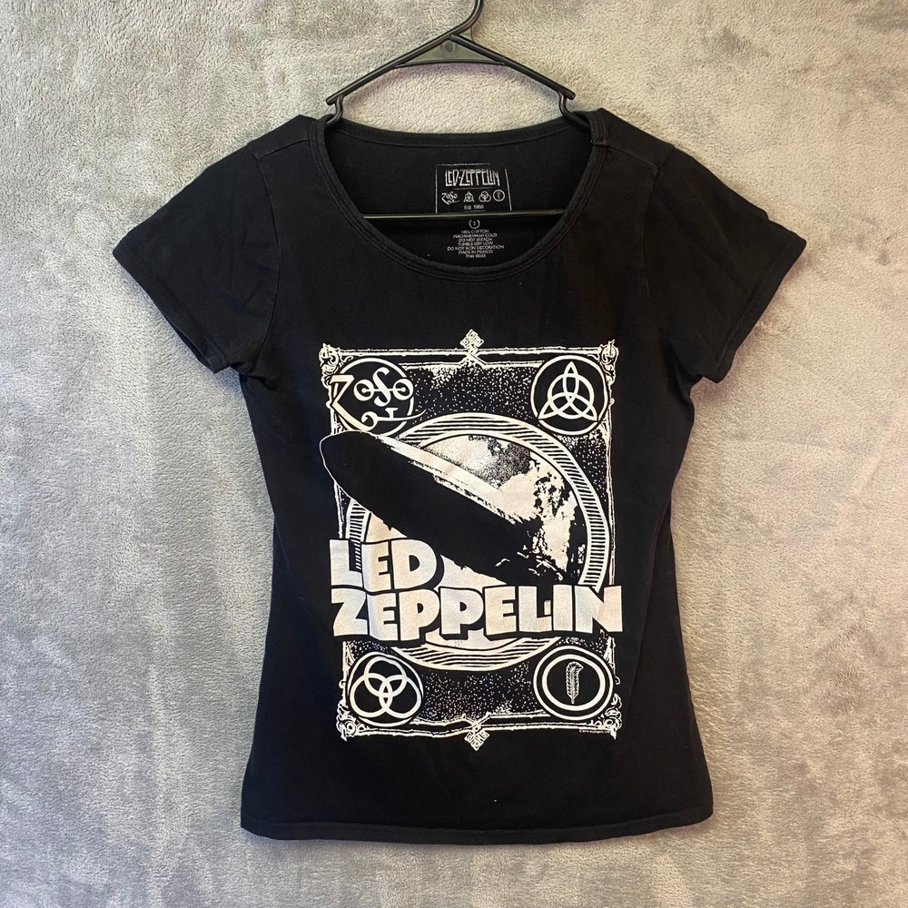 Led Zeppelin Graphic T-Shirt Black Rock Band Scoop Neck Cotton Size S